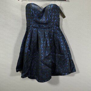Sequin Hearts Dress Womens 7 Strapless Black Blue Metallic Boned Zip Lined NEW